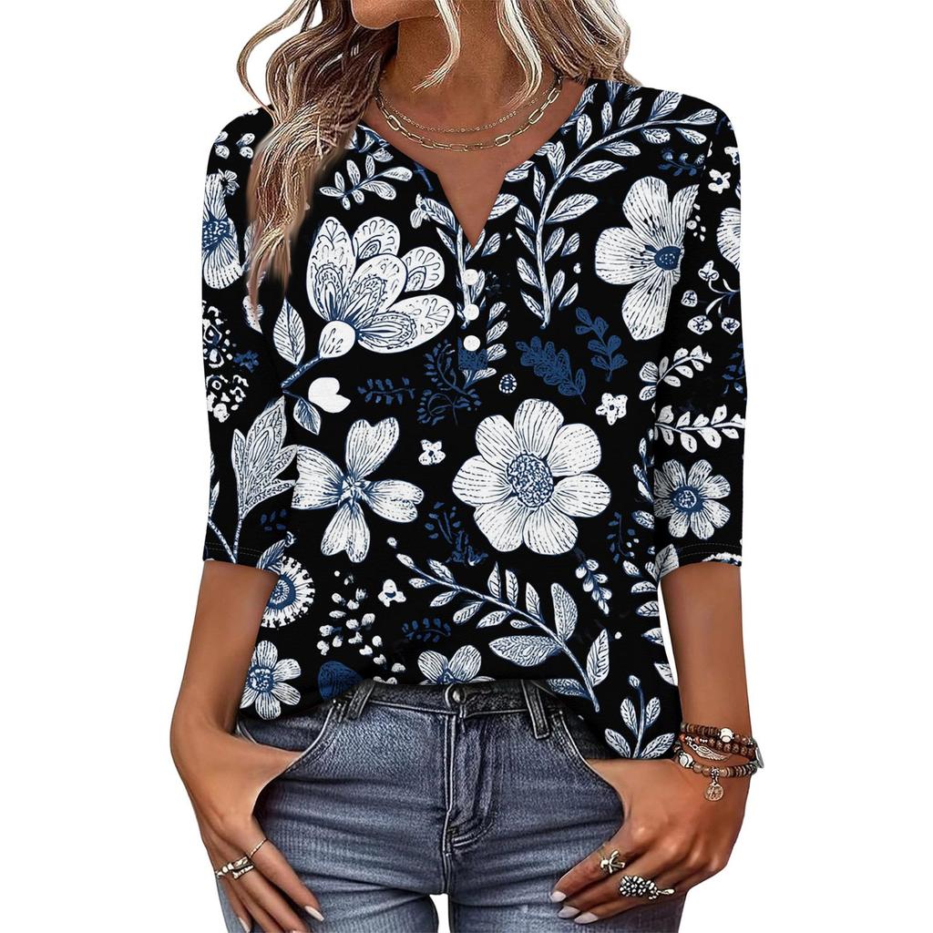 Women’s Casual Retro Floral Print V Neck Decorative Button Three Quarter Sleeve T Shirt Top for Daily Wear