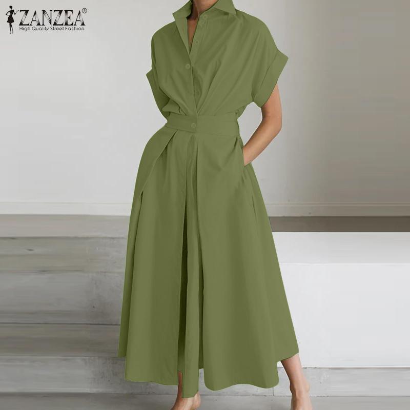 ZANZEA Ženy Turn Down límeček s krátkým rukávem Ležérní dlouhé košilové šaty