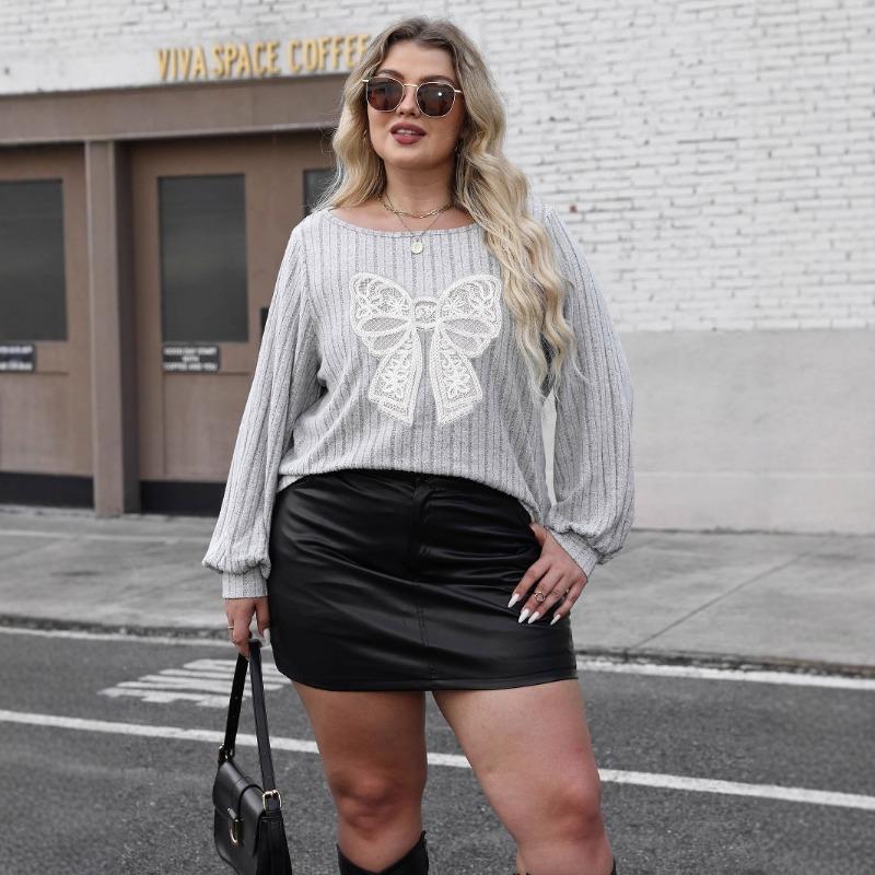 Three-dimensional Embroidered Bow Splicing Loose Women's Round Neck Pullover Top Casual T-shirt Base Shirt