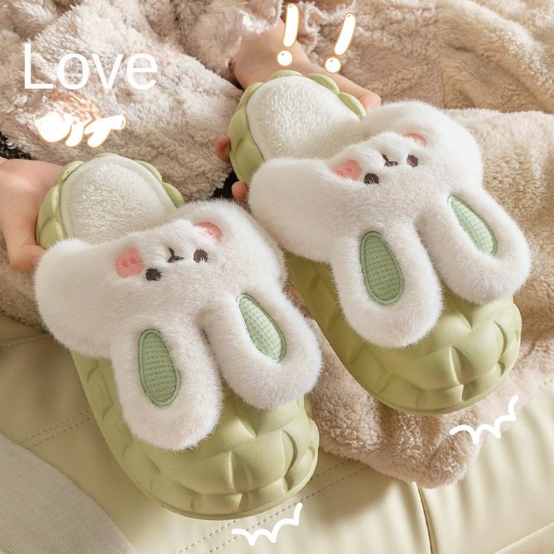 Fashion Mo Dou 2025 Winter Warm Women Slippers Waterproof Vamp Cute Rabbit Bear Decoration Indoor Outdoor Shoes Soft Plush Men Slippers
