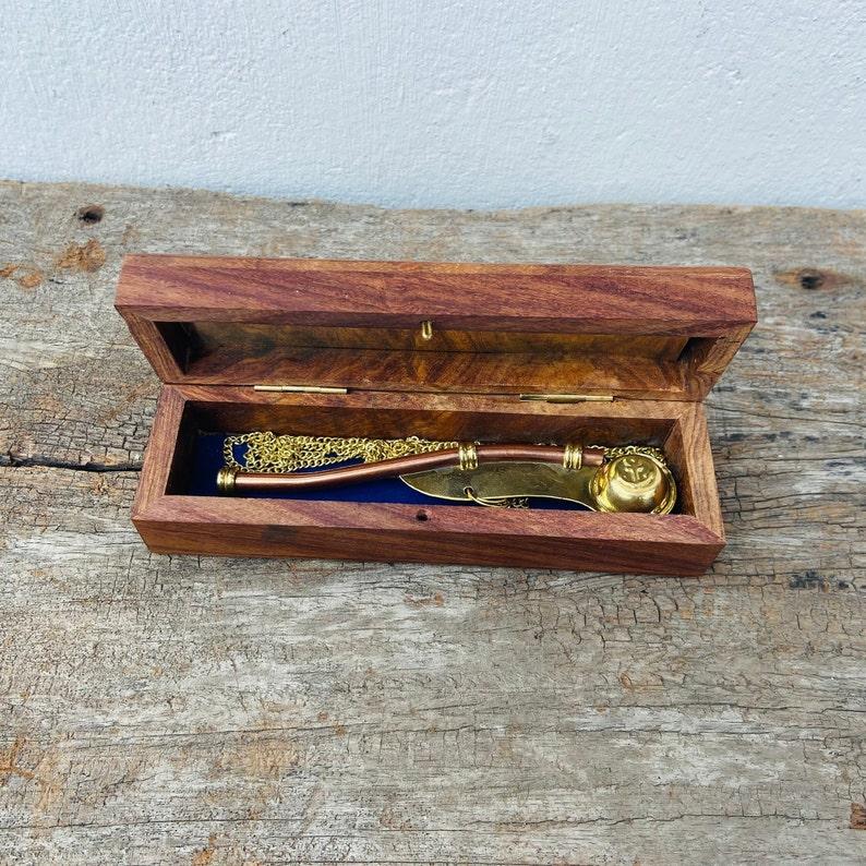 Nautical Maritime Brass/Copper Boatswain Whistle~Bosun Call Pipe~with Wood Box