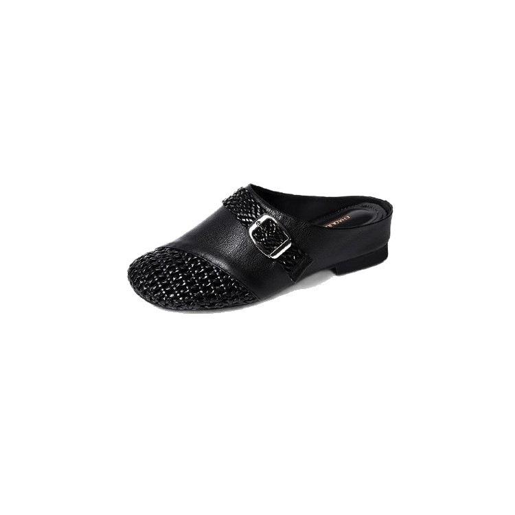 New half slippers 2025 summer wear women's new hollow bag head woven fashion slippers lazy height soft leather