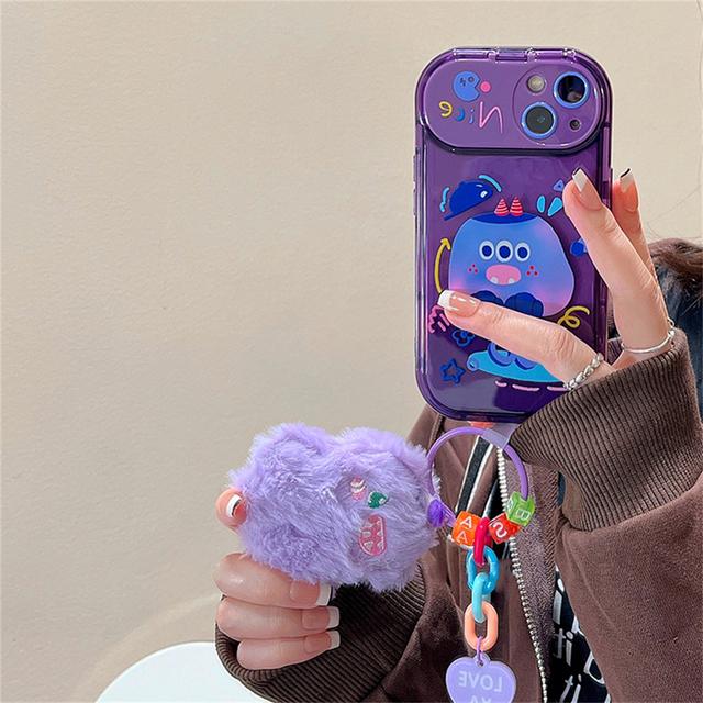 Korean Cute Plating Monster 3d Plush Pendant Phone Case For Iphone 14 13 12 11 Pro Max Xr Mirror Holder Shockproof Soft Cover