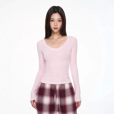 Damen V-Ausschnitt Lyocell Langarm Slim-Fit Oberteil - Frühling/Herbst Vielseitiges Schichtdesign
