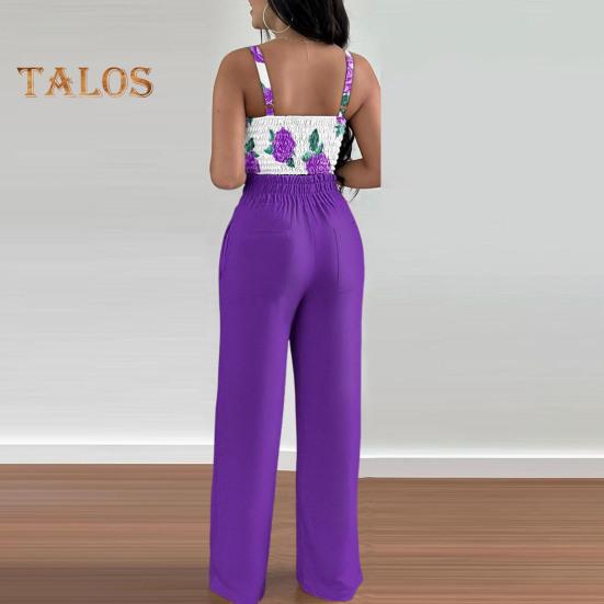 Καλοκαιρινά ρούχα δύο τεμαχίων για γυναίκες, αμάνικο παντελόνι με φαρδιά μπατζάκια και V λαιμόκοψη, καλοκαιρινό, casual, ασορτί κοστούμι με φλοράλ print