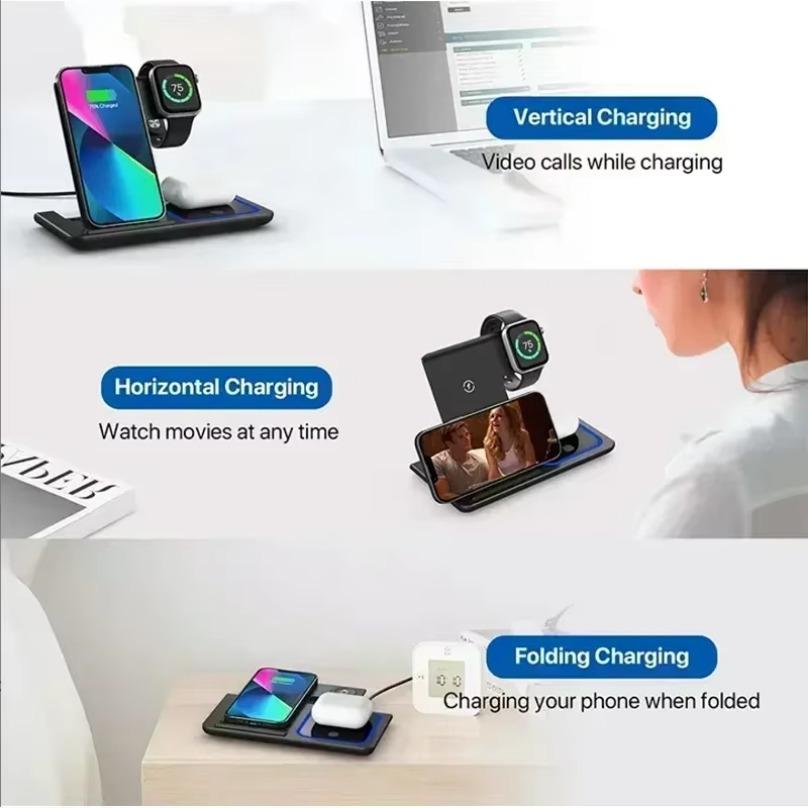 Wireless Charger LED Light Phone Stand 4 In 1 For iPhone 16 15 14 13 12 Apple Watch 8 7 6 AirPods Foldable Fast Charging Station