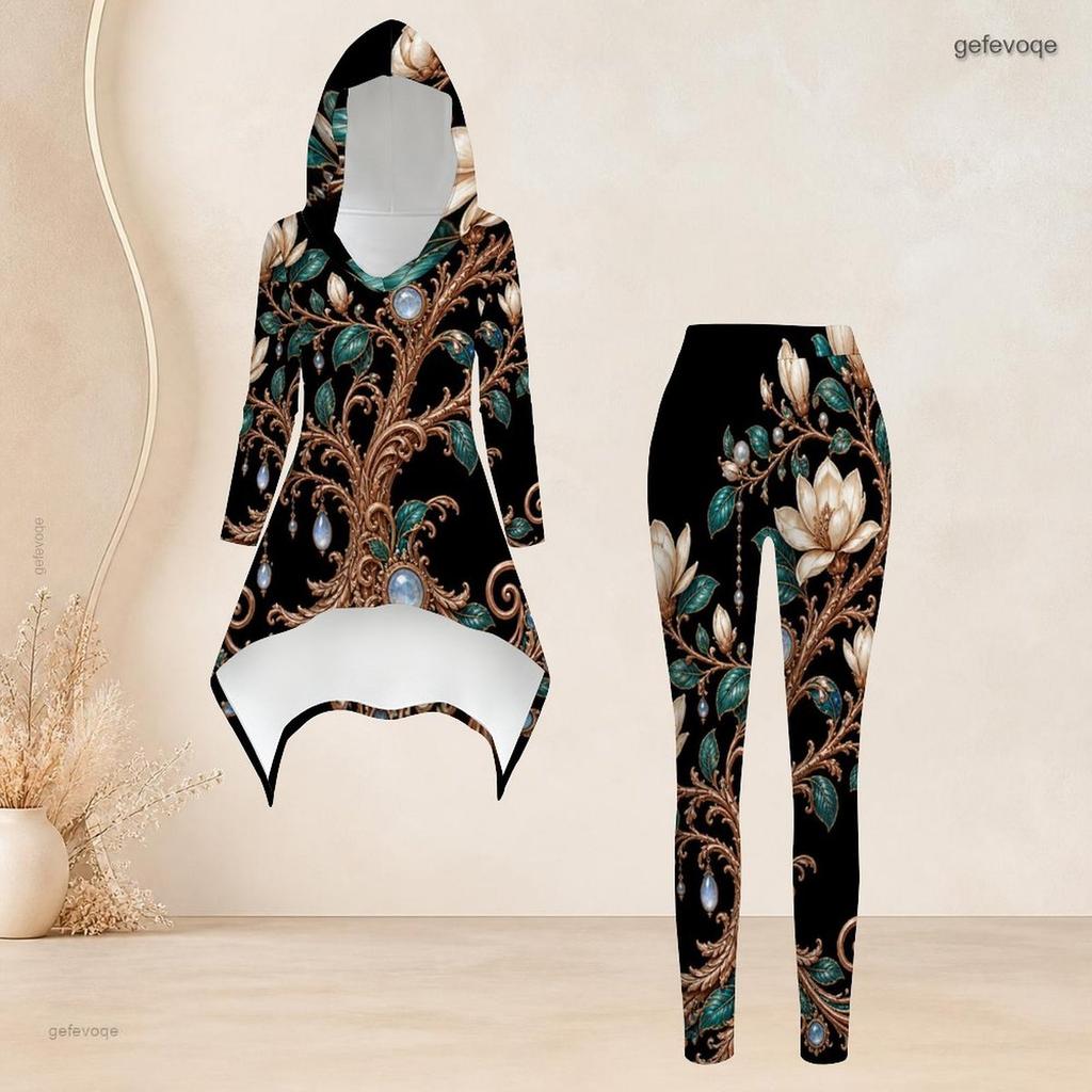 Women Plus Size Floral Printed Hooded Long Sleeve High Low Top Fitted Pants Two Piece Set