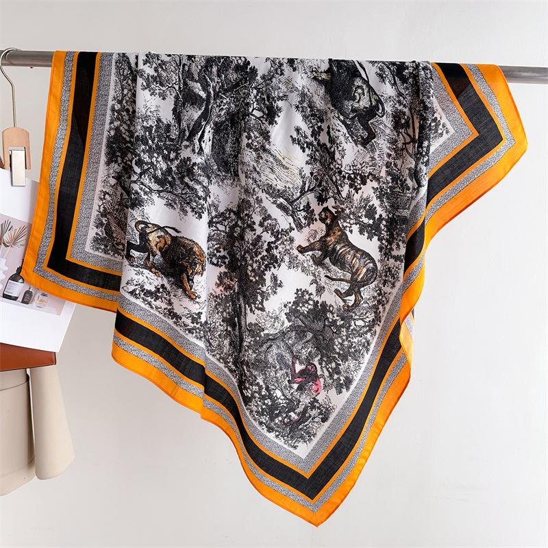 Fashion Aztec Ethnic Leopard Floral Square Silk Scarf Lady High Quality Print Soft Shawls and Wraps Bufanda Muslim Hijab 90*90Cm