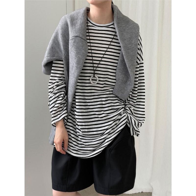 Johnature Korean Lazy Loose Striped Long Sleeve Women Autumn Versatile Base Casual O-neck Pullover Loose Top T-shirts