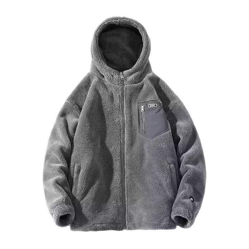 Unisex Trendy Hooded Lambskin Jacket with Plus Velvet for Autumn/Winter - Casual Warmth for Couples