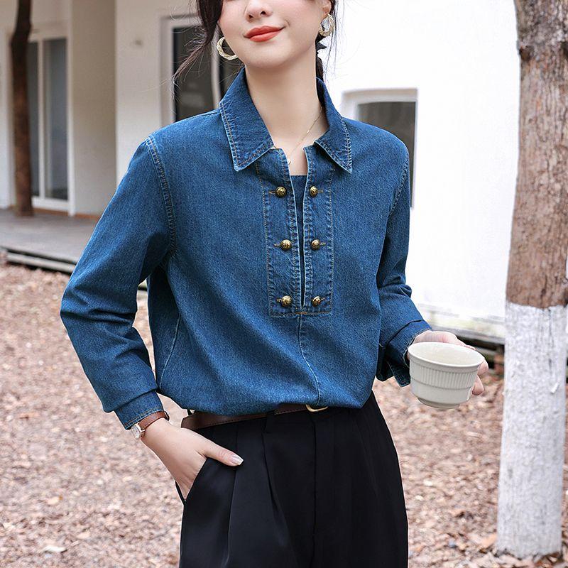 

Retro Denim Shirt for Women 2025 New Autumn Layered Casual Versatile Retro Long-sleeved Versatile Pullover S синий