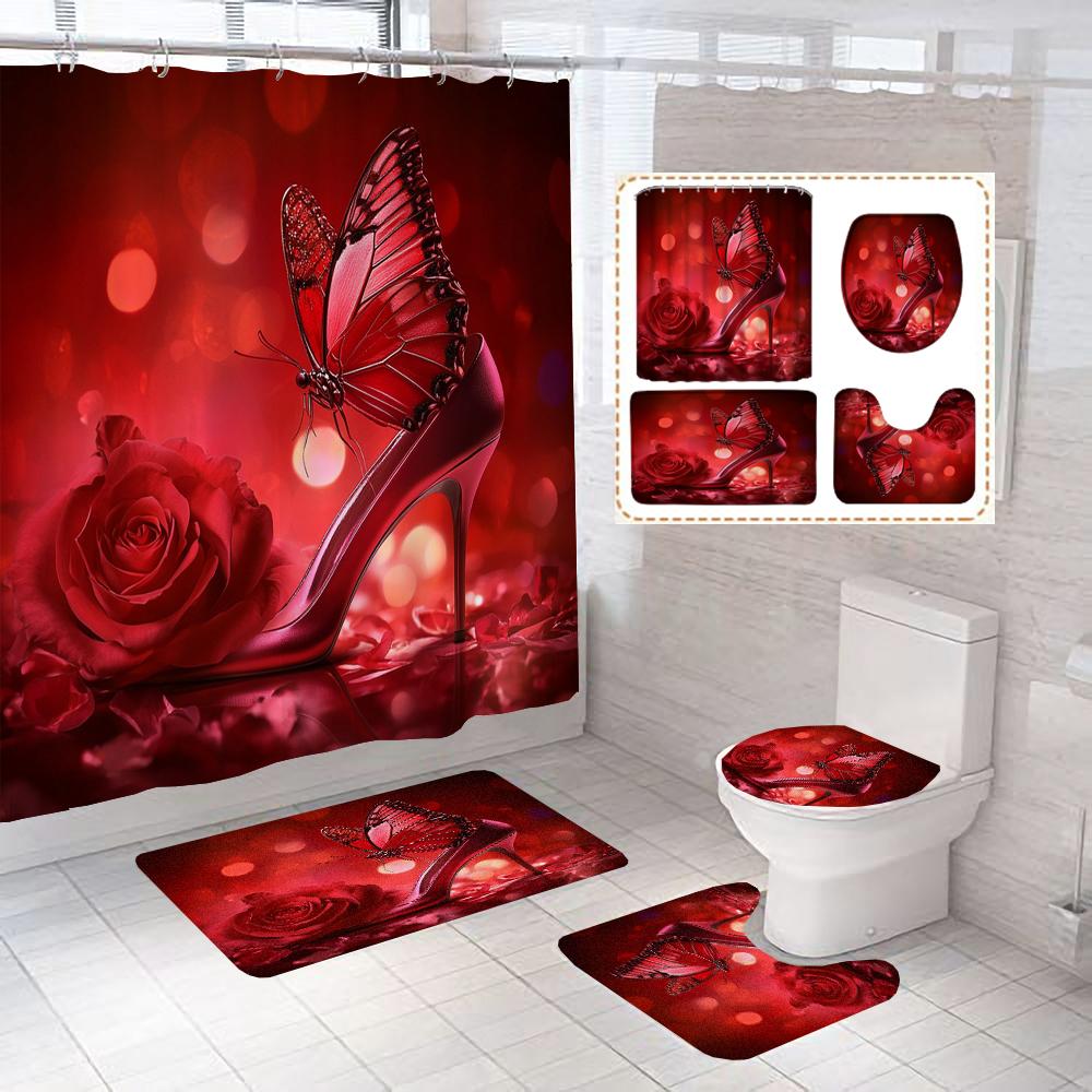 

Nordic Cosmetic Flowers Art Fashion Girl Perfume Bottle Printed Shower Curtain With Hooks Non Slip Mat Rug Bathroom Set Decor W60H190(CM)-1 Pcs
