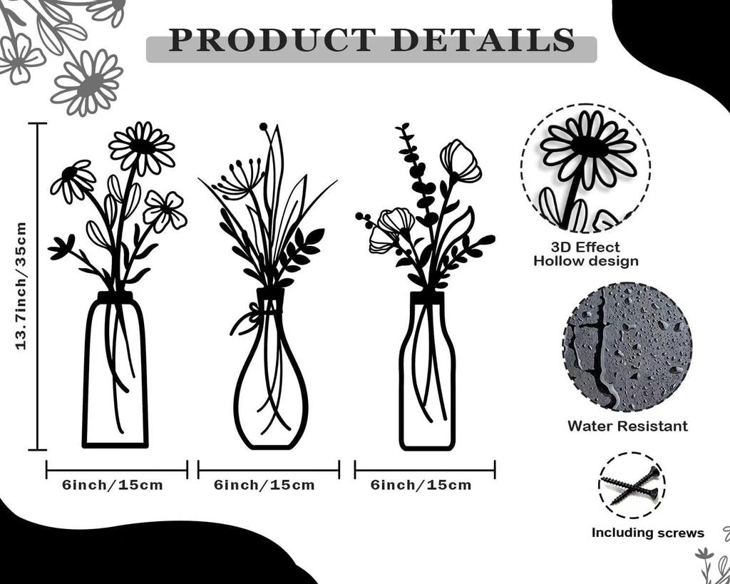 3 Pieces of Metal Floral Wall Art - Rural Farmhouse Decoration Black Minimalist Floral Wall Decoration