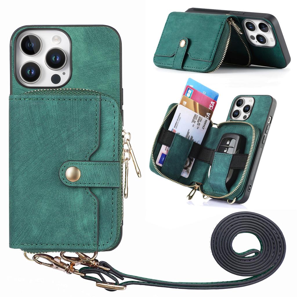 For iPhone 16 Pro Case Zipper Card Holder PU Leather Phone Back Cover with Long Strap