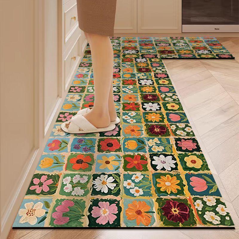 Fresh Flower Kitchen Rug Silica Clay Water and Oil Absorbing, Wear-resistant and Stain-resistant Floor Mat for Home Decor