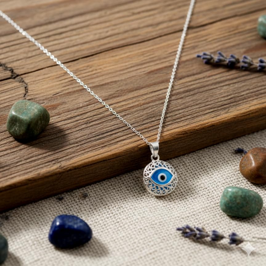 Mystic Jewels - 925 Sterling Silver Glass Evil Eye Drop Shape Filigree Pendant Silver Chain (Eye Shape), Sterling Silver, Not Applicable