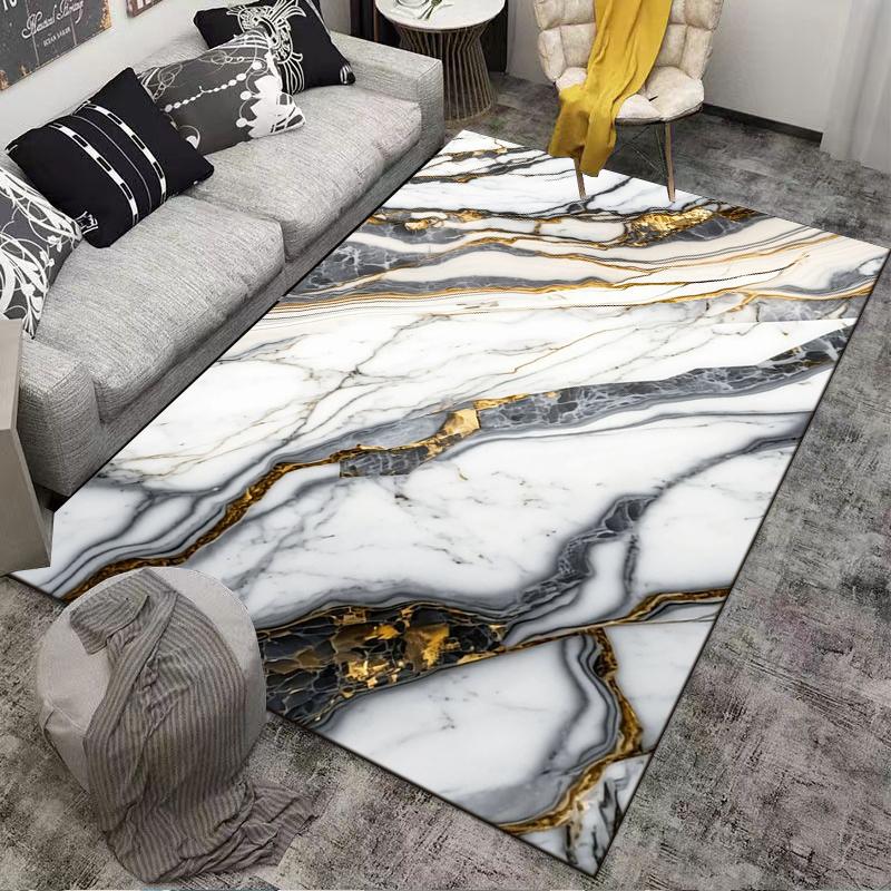Marble Design Carpet with White, Black, and Gold Streaks for Bedroom Suitable for use as an anti-slip for living room bedroom sofas