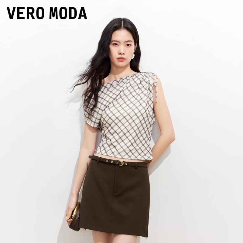 VEROMODA Women s Plaid Off-Shoulder T-shirt EU 27