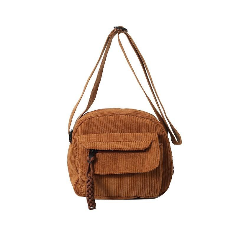 Women Corduroy Crossbody Bag Vintage Shoulder Bag Casual Mini Messenger Bag Lightweight Travel Handbag with Front Pocket Adjustable Strap