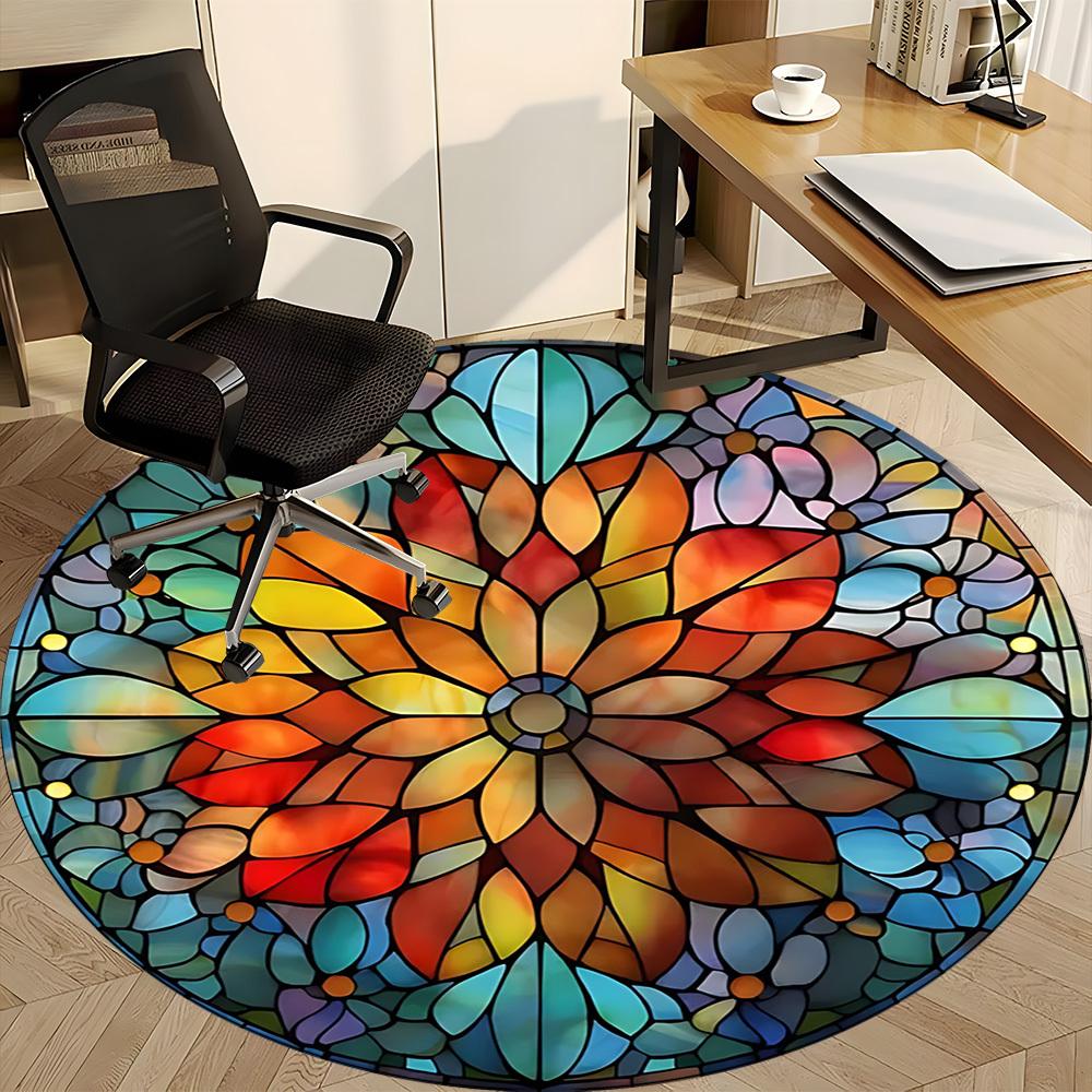 1pc Stained Glass Mandala Office Round Area Rug, Under Office Chairs Bedroom Living Room Home Decor, Room Deco