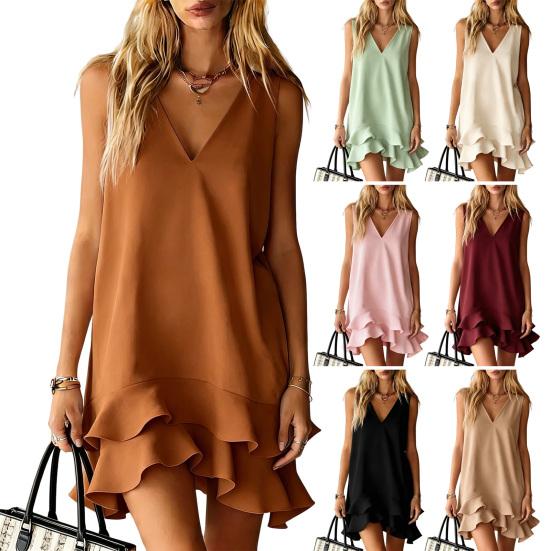 Summer Dress for Women Casual V Neck Sleeveless Mini Beach Sundress Casual Vacation Ruffle Tank Dress