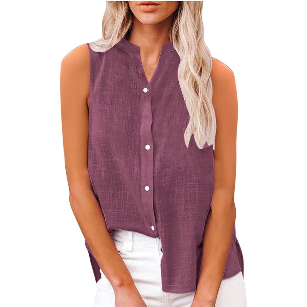 Women's Fashion Color Casual Sleeveless Cardigan Button Loose Cotton Linen Shirt Top