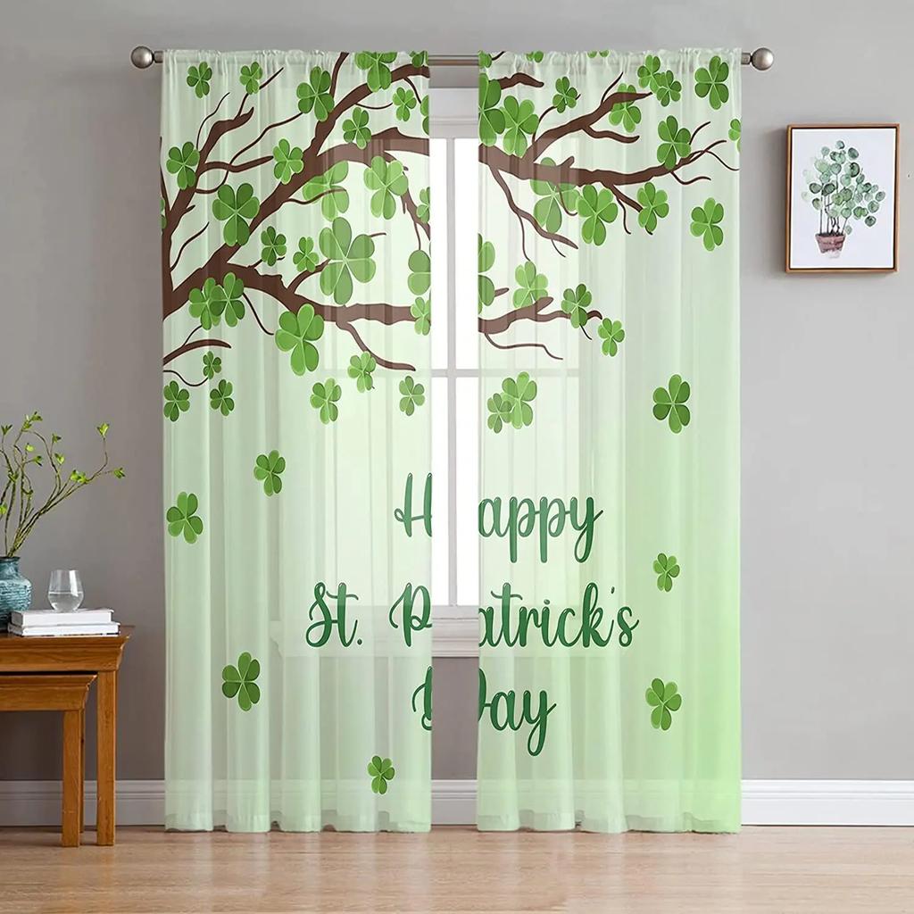 St Patrick Day Curtains Shamrocks Gold Beer Hat Voile Curtain Green Lucky Leaves Window Drapes Bedroom Living Room Sheer For Area Made Of Polyester