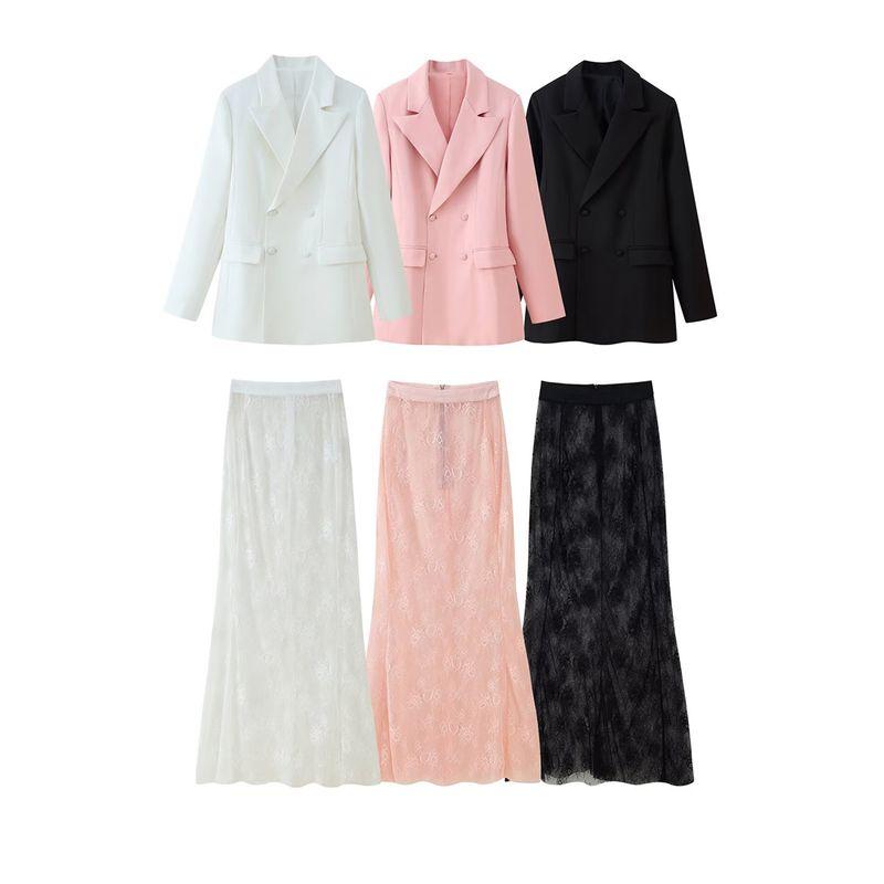 Kaslead New Women Clothes Western Style Lapel Waist Hugging Decorated Row Button Blazers Lace Skirt Set