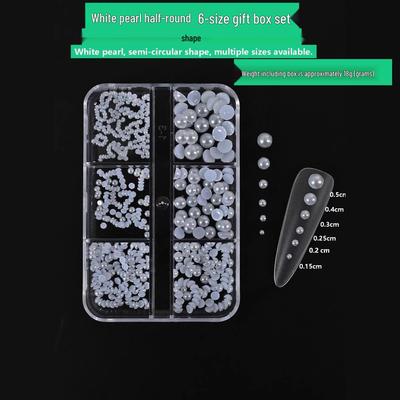 Flat-Backed White Pearl & Rhinestone Nail Art Mix - Multi-Size Semi-Circular High-Gloss Pieces