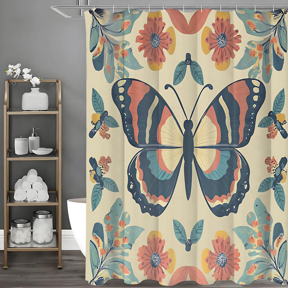 Butterfly Flower Shower Curtain, Bathroom Decorative Shower Curtain, Waterproof Shower Curtain with Hooks