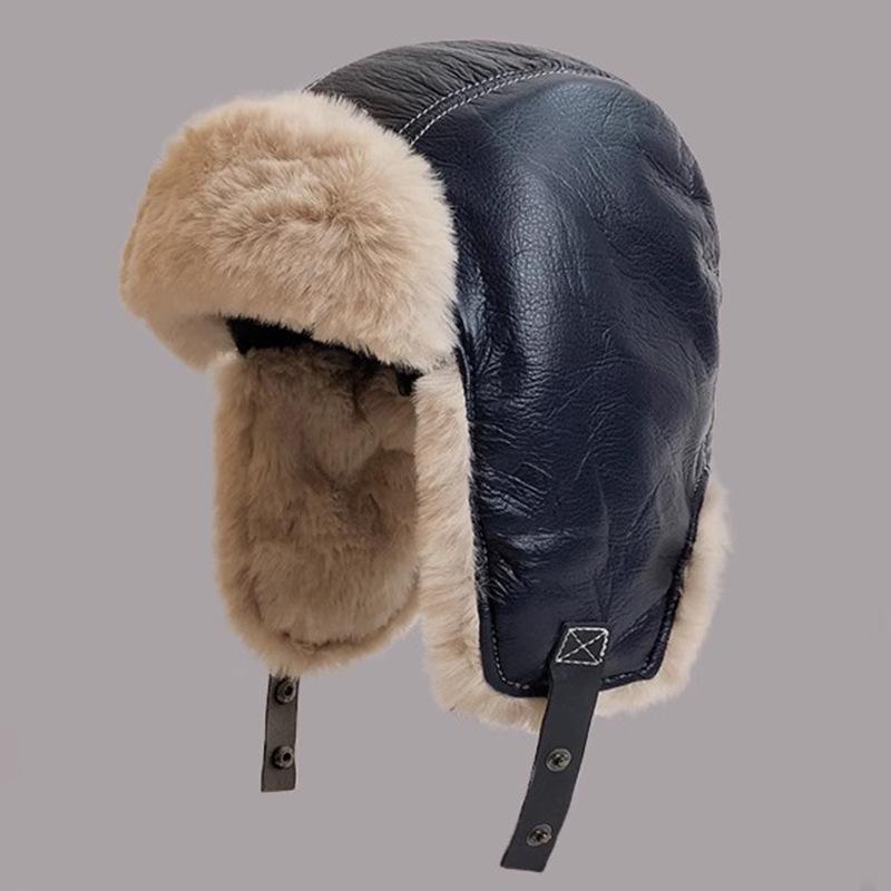 Korean Autumn and Winter Retro Pilot Hat PU Leather Plush Lei Feng Hat Men and Women Riding Warm Ear Protection Ski Hat