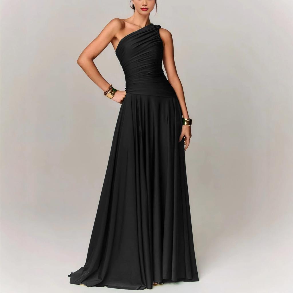 European and American Women's Cross-border Foreign Trade 2025 European and American Style Summer New Slanted Shoulder Waist Evening Dress Pleated 