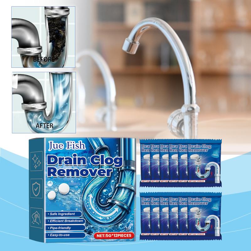 Jue-Fish 12Pcs Pipe Dredges Effervescent Tablets, Dissolves Toilet Floor Drains, Kitchen Sewer Clogs Deodorant Tablets