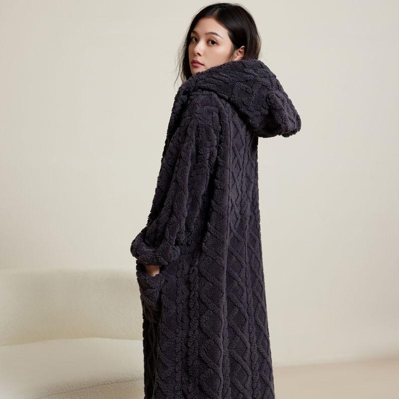 Womens Winter Fleece Robe Set Flannel Solid Simple Long Bathrobe Loungewear