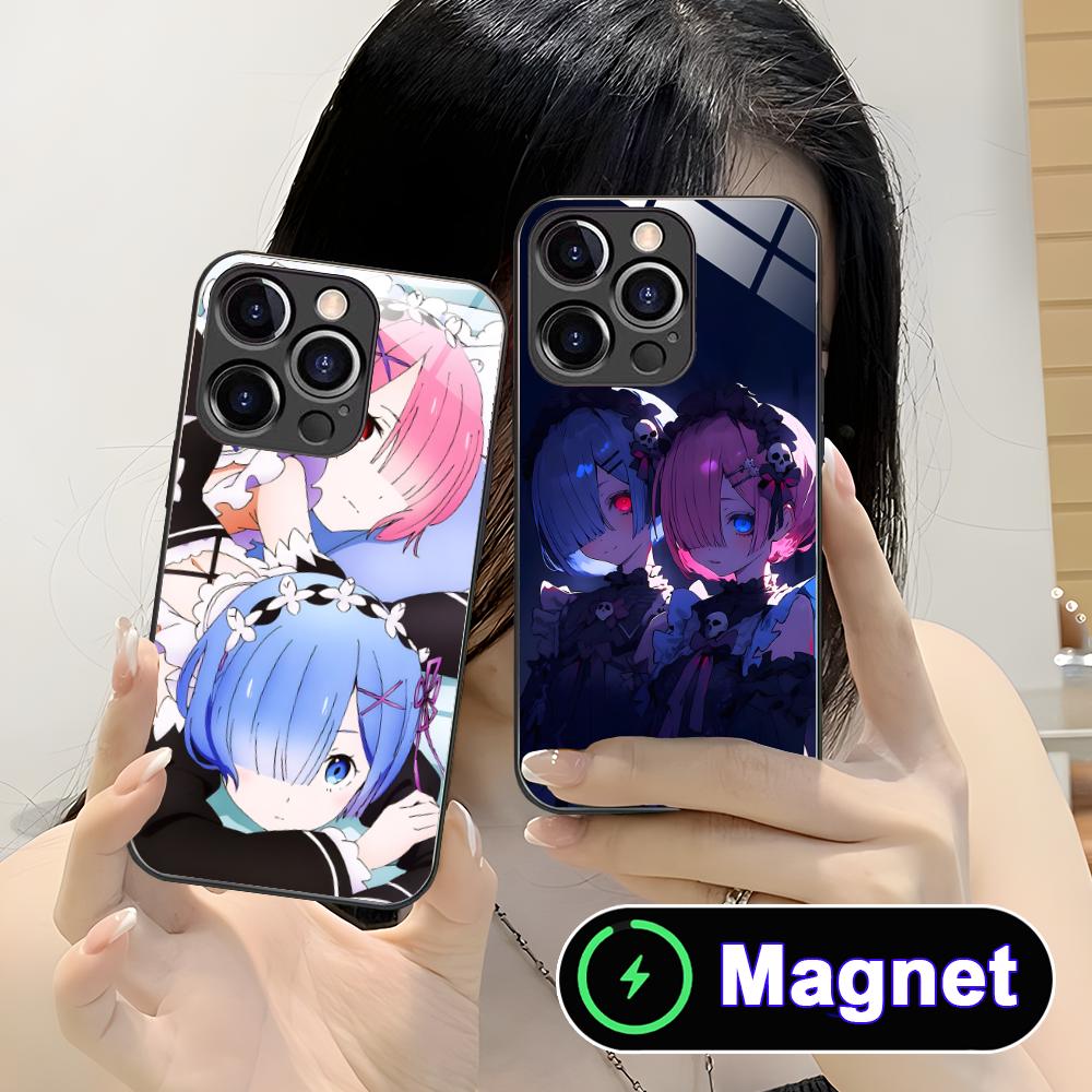 ReZero Rem Ram Glass MagSafe Mobile Phone Case for iPhone 17 16 15 14 13 12 11 Air Pro Max Plus Mini Colorful Cover