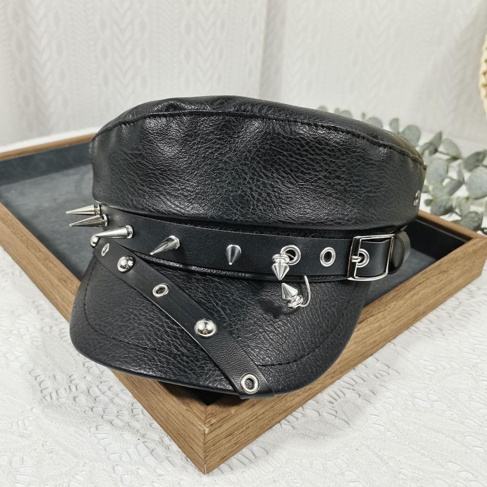 Casual Black Women's Beret British Style Pu Leather Captain Caps Vintage Flat Top Caps Outdoor