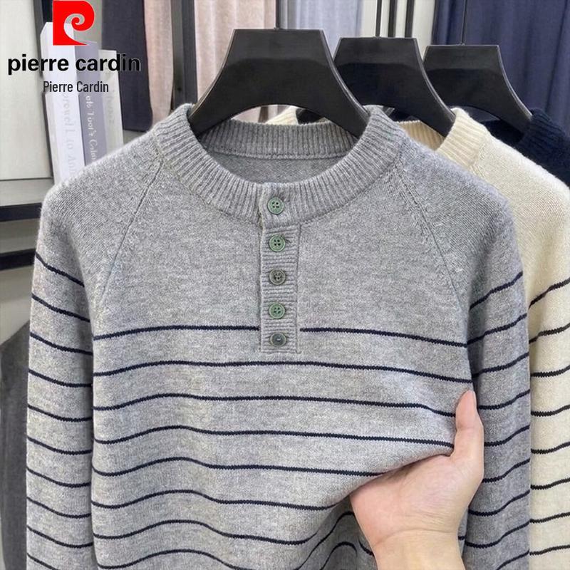 Pierre Cardin Men's Old Money Vintage Striped Henley Knit Sweater