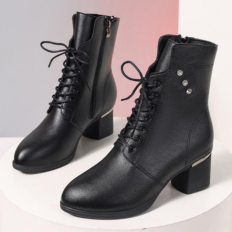 Lucyever Podzimní šněrovací kotníkové boty na silném podpatku pro ženy, nadměrná velikost, zip, PU kůže, dámské retro boty na vysokém podpatku, krátké kotníkové boty Mujer