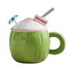 Tazza da Caffè in Ceramica a Forma di Cocco Tazza da Caffè con Manico Coperchio Mini Ombrello Cannuccia Resistente alle Alte Temperature Stoviglie Estive