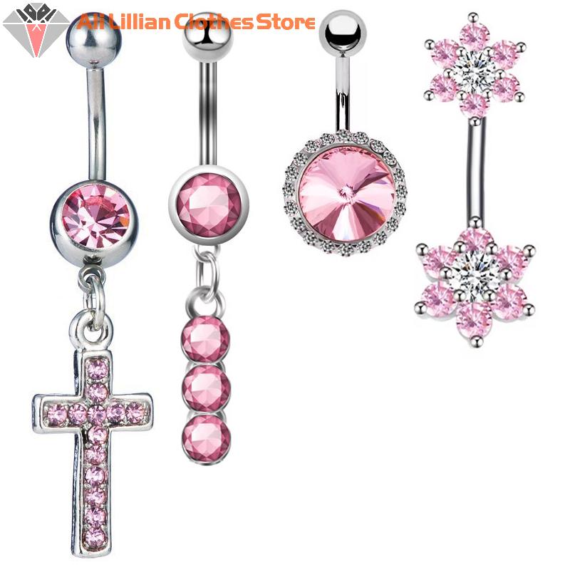 Fashion Stainless Steel Belly Button Ring Sexy Drop Dangle Body Piercing Jewelry For Women Girls Pink Zircon Navel Rings Gifts