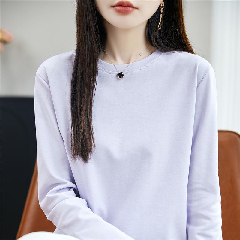 Women's Crew Neck Long Sleeve T-Shirt Regular Fit Elegant Lady Style Mercerized Cotton Solid Color Spring Casual Versatile Basic Layering Top