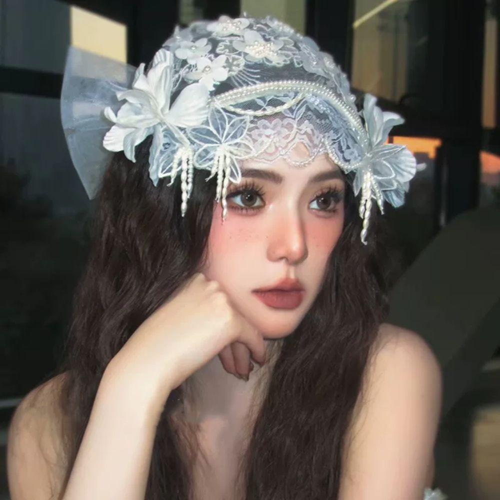 Lace Floral Bride Headdress White Wedding Headwear Vintage Bridal Hat  Hair Jewelry