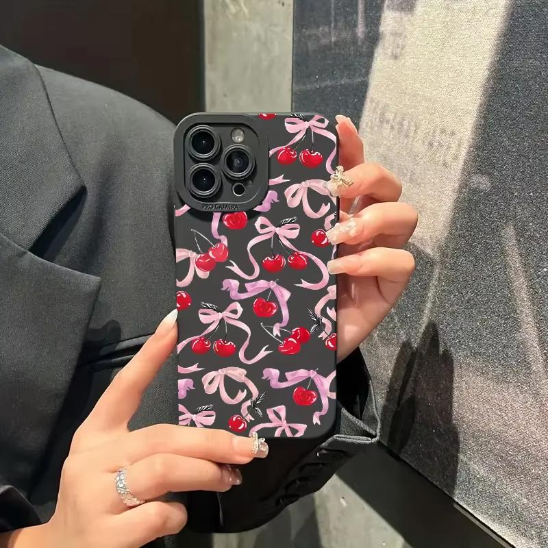 Cute Cherry Bow Silicone Phone Case For iPhone15 16Pro 14 Plus 13 Pro Max Mini 12 11 X XS XR Plus SE 20 Shockproof Soft Cover