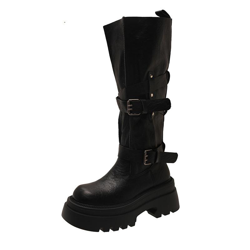 Maillard aber Kniestiefel Damen Temperament Retro vielseitig Gürtelschnalle Stiefel, kleine Stiefel