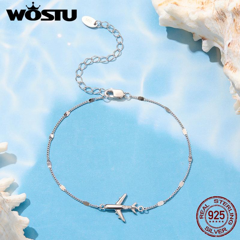 WOSTU 925 Sterling Silver Airplane Bracelet Travel Jewelry for Women Original Cute Plane Charm Bracelet Minimalist Gift for Her