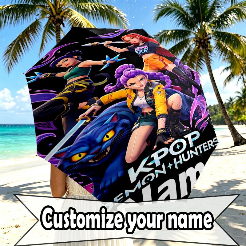 Custom Name Personalized KPop Demon Hunters Print Umbrella, Auto Open Close, 8‑Rib Sturdy Frame, Commute Camping Hiking Use, Birthday Gift