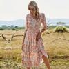Summer Spring Floral Print Dress for Women Bohemia V-Neck A-Line High Waist Half Sleeve Mid-Calf Blue Pink Red Rose Sizes S M L XL