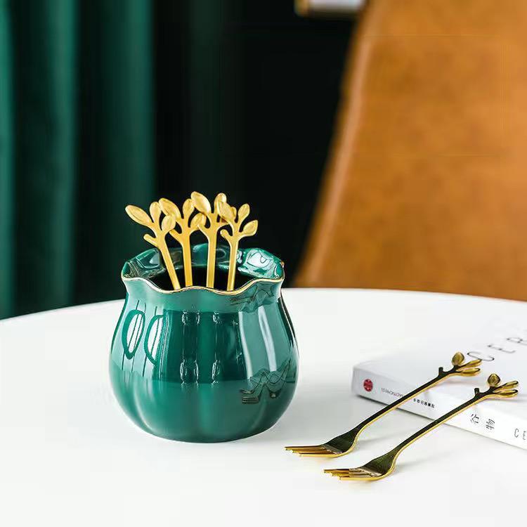 6pcs Fork and Storage Jar Set Simple Ceramic Stainless Steel Fruit Fork Set Dessert Fork Tableware Practical Kitchenware