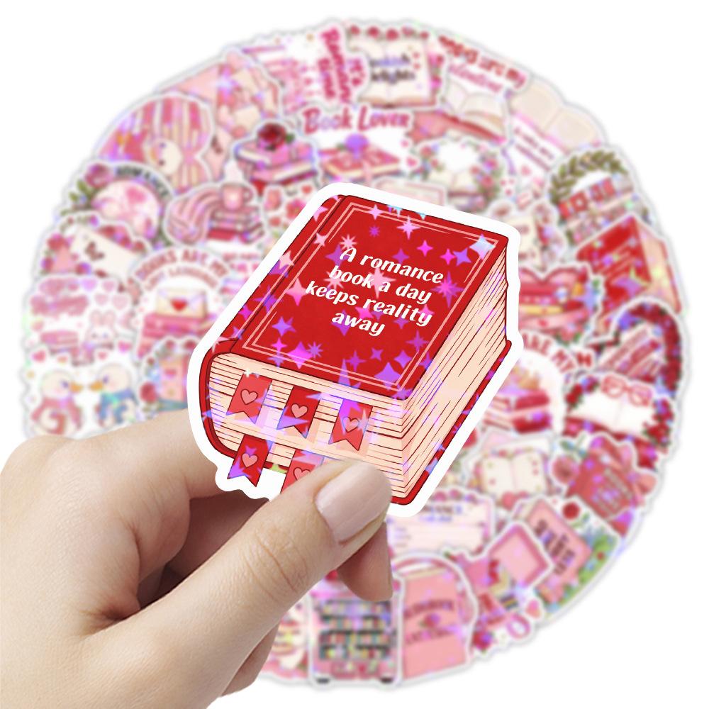 10/30/50pcs Holographic Laser Style Bookish Cartoon Stickers Cute Pink Valentine's Day Aesthetic Sticker DIY Stationery Laptop