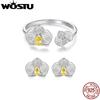 WOSTU 925 Silver Yellow Zircon Flower Open Ring Citrine Stud Earrings For Women Wedding Jewelry Set Girl Mom's Birthday Gift